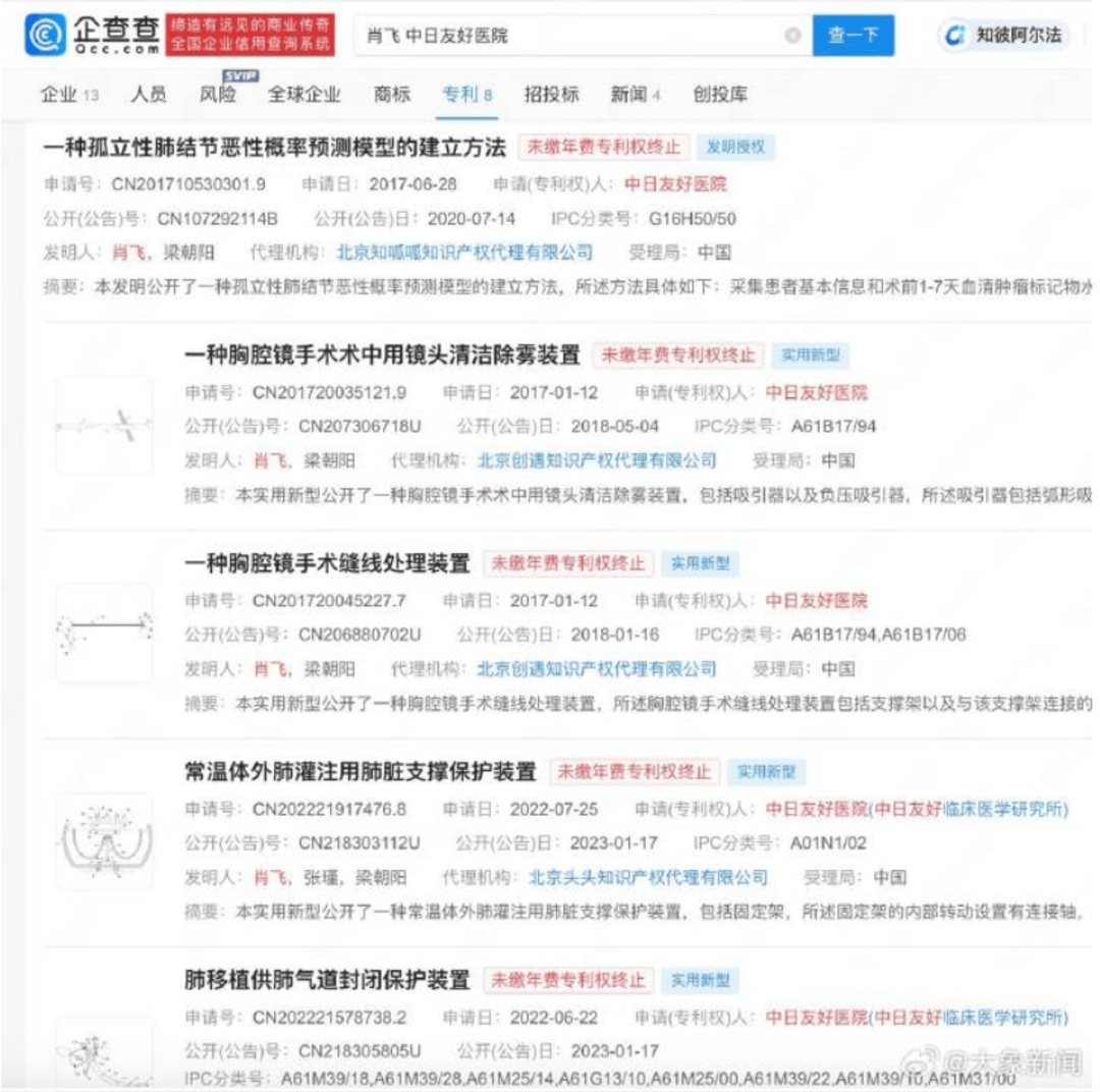 中日友好医院被举报出轨医生多个专利未缴年费 专利权终止