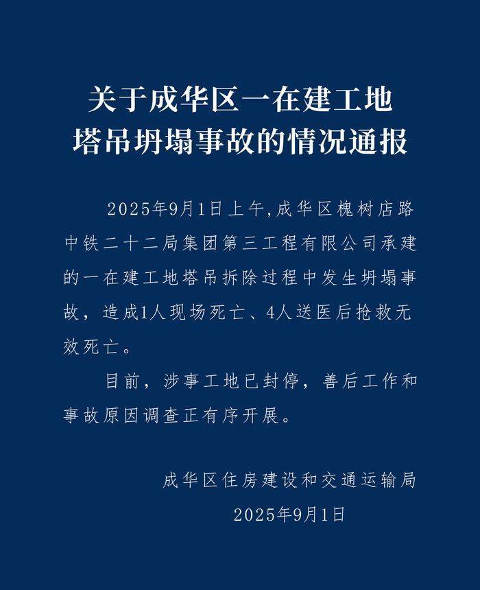 成都成华区：中铁二十二局一在建工地塔吊坍塌致5人遇难<strong></p>
<p>土币</strong>，涉事工地已封停
