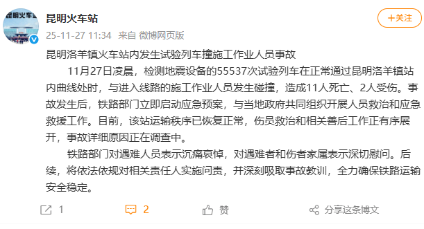 昆明洛羊镇火车站内发生试验列车撞施工作业人员事故<strong></p>
<p>吉祥如意币</strong>，造成11人死亡、2人受伤